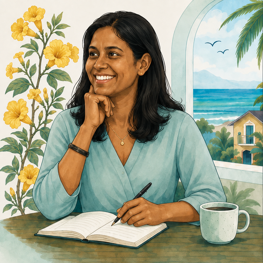 Illustrated portrait of Jeanine at a desk with a coastal background